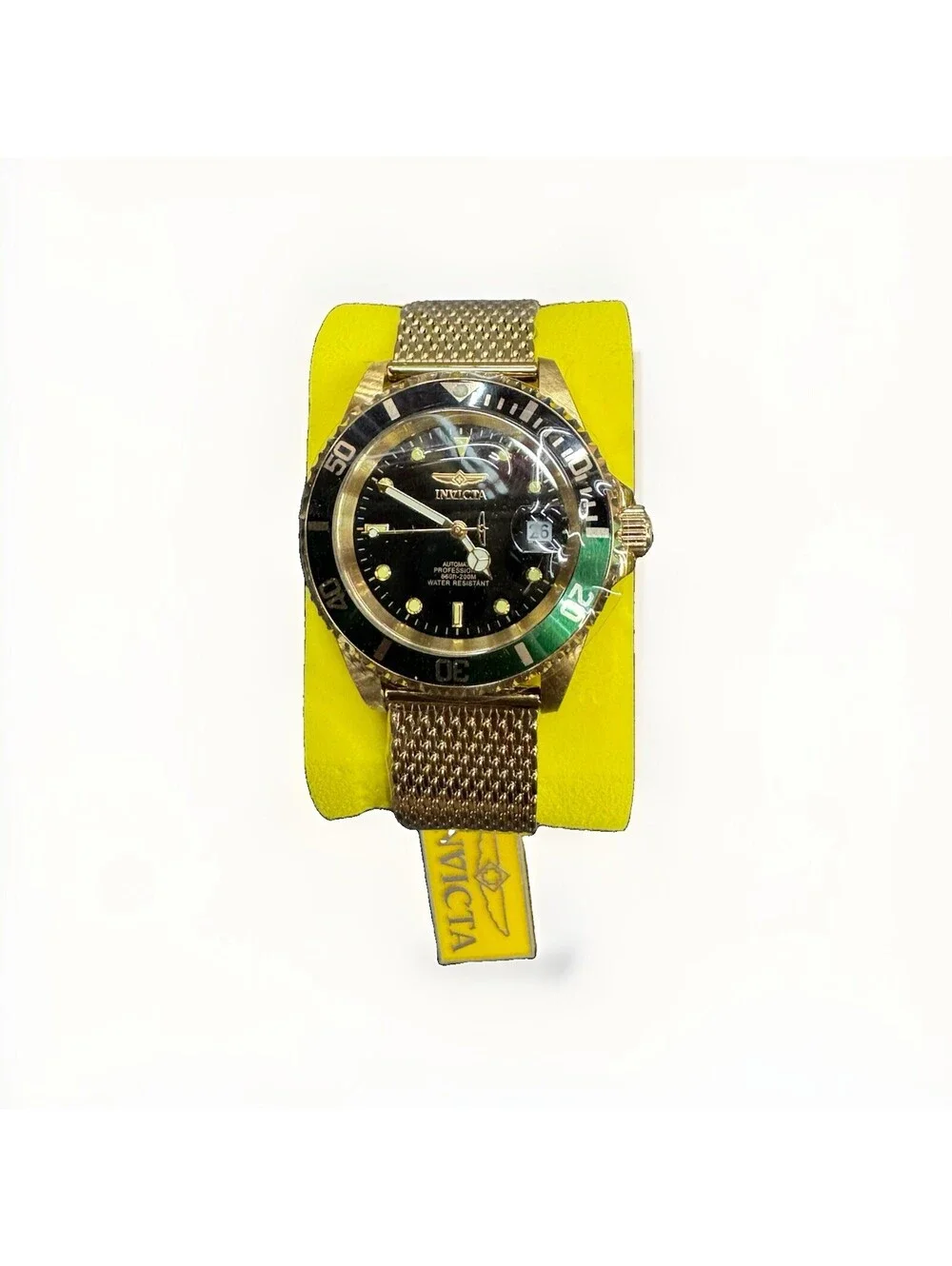 (A) Invicta Pro Diver Automatic Men’s Gold Watch Black Green Bezel Mesh Band Box